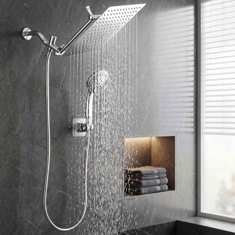 Cefito High-Pressure Rain Shower Head with Handheld, Gear-Lock Anti-Sag Arm for Family Spa, 12" Stainless Steel Rainfall & 9-Setting Wand Combo, 3-Way Diverter, Drill-Free Adhesive Bracket