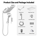 Cefito High-Pressure Rain Shower Head with Handheld, Gear-Lock Anti-Sag Arm for Family Spa, 12" Stainless Steel Rainfall & 9-Setting Wand Combo, 3-Way Diverter, Drill-Free Adhesive Bracket