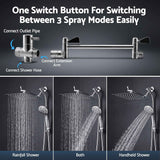 Cefito High-Pressure Rain Shower Head with Handheld, Gear-Lock Anti-Sag Arm for Family Spa, 12" Stainless Steel Rainfall & 9-Setting Wand Combo, 3-Way Diverter, Drill-Free Adhesive Bracket