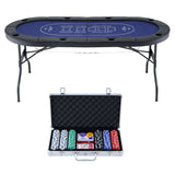 8 Player 1.8m Folding Poker Table and 300pcs Chips Set Portable Card Game Blue Layout Blue