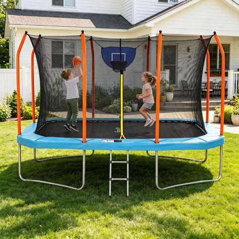 Everfit 12FT Kids Trampoline Rectangle Rebounder with Basketball Set Blue