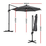 Instahut Outdoor Umbrella 3m Solar LED Offset Cantilever Patio Parasol Charcoal
