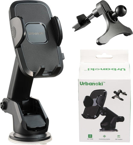 Urbanoki 4 in 1 Car Phone Holder Dashboard Windshield Vent Mount for All Phones - Black