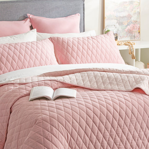 Diamante Vintage Stone Washed Cotton Reversible Quilted Rose Coverlet Set by Renee Taylor