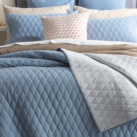 Diamante Vintage Stone Washed Cotton Reversible Quilted Blue Coverlet Set by Renee Taylor
