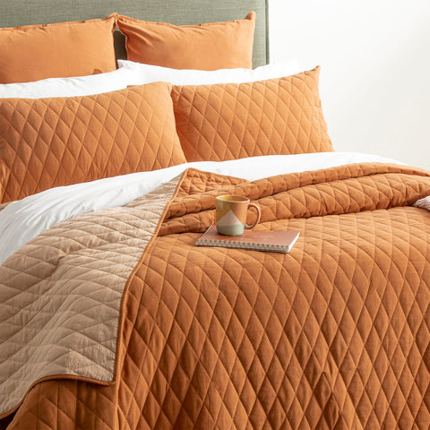 Diamante Vintage Stone Washed Cotton Reversible Quilted Wood Coverlet Set by Renee Taylor