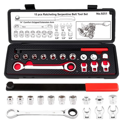 15PCS Serpentine Belt Tool Kit Tensioner Pulley Alignment Wrench Crow Socket