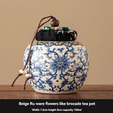 Ru Kiln tea jar, blue-and-white ceramic canister, airtight tea storage, floral tea container, Australian tea accessory - Cyan - Size 14