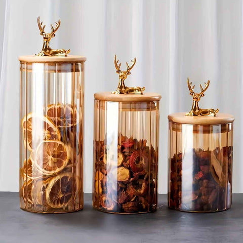 deer head storage jars, food grade canisters, coffee bean container, airtight cereal jar, grain storage set, decorative kitchen jars, pantry organization, glass canisters with lids, wooden lid jars - Clear - Size 3PCS In Australia - Darrahopens