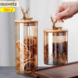 deer head storage jars, food grade canisters, coffee bean container, airtight cereal jar, grain storage set, decorative kitchen jars, pantry organization, glass canisters with lids, wooden lid jars - Clear - Size 3PCS In Australia - Darrahopens