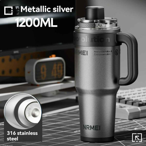 Giant Straw Tumbler Large Capacity Insulated Tumbler Ceramic Lined Cup - Metallic silver - Size 316-1200ml In Australia - Darrahopens