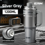 Giant Straw Tumbler Large Capacity Insulated Tumbler Ceramic Lined Cup - Metallic silver - Size 316-1200ml