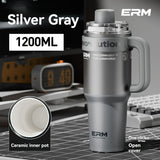 Giant Straw Tumbler Large Capacity Insulated Tumbler Ceramic Lined Cup - Silver - grey - Size 316-1200ml