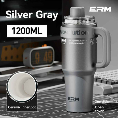Giant Straw Tumbler Large Capacity Insulated Tumbler Ceramic Lined Cup - Silver - grey - Size porcelain-1200ml In Australia - Darrahopens