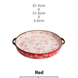 ceramic serving plate, double handled baking dish, pizza pan, cherry blossom pattern, underglaze color, home kitchenware, oven safe dish, baking tray, serving platter, Australian kitchen - Green - Size SET