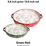 ceramic serving plate, double handled baking dish, pizza pan, cherry blossom pattern, underglaze color, home kitchenware, oven safe dish, baking tray, serving platter, Australian kitchen - Green - Size SET