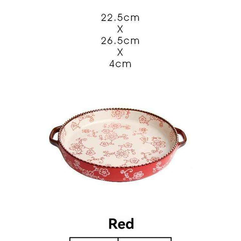 ceramic serving plate, double handled baking dish, pizza pan, cherry blossom pattern, underglaze color, home kitchenware, oven safe dish, baking tray, serving platter, Australian kitchen - Red - Size 8.8inch In Australia - Darrahopens