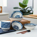blue and white porcelain bowl, soup bowl, noodle bowl, ceramic bowl, large bowl, tableware, Australian home, dinnerware set, traditional design, durable ceramic - Cyan - Size 6pcs