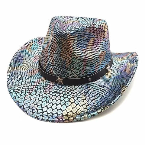 iridescent cowboy hat, party hat, autumn winter hat, unisex wide brim hat, Halloween costume hat, western themed hat, iridescent accessories, mens womens costume hat - 10 - Size M In Australia - Darrahopens