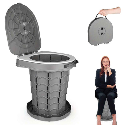 Gray Black collapsible camping toilet, portable outdoor toilet, camping furniture Australia, lightweight camping gear, compact toilet for travel, camping sanitation solution