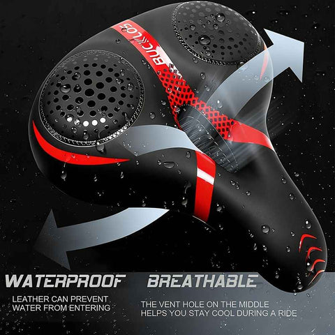 BUCKLOS saddle, wide cycling saddle, high-quality bike saddle, breathable bike saddle, black and red saddle, comfortable bike seat, durable bicycle saddle