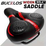 BUCKLOS saddle, wide cycling saddle, high-quality bike saddle, breathable bike saddle, black and red saddle, comfortable bike seat, durable bicycle saddle