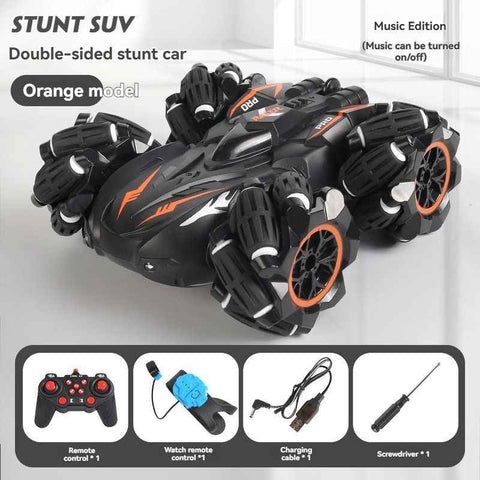 2.4G remote control car, electric stunt car, drifting car, spray function, kids toy car, double-sided stunt car, watch remote control, outdoor RC toy, rechargeable toy car - Black and orange - Size Dual-control In Australia - Darrahopens