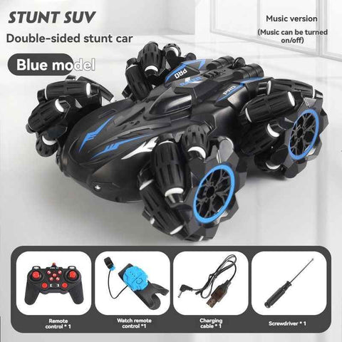 2.4G remote control car, electric stunt car, drifting car, spray function, kids toy car, double-sided stunt car, watch remote control, outdoor RC toy, rechargeable toy car - Blue - Size Dual-control In Australia - Darrahopens