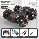 2.4G remote control car, electric stunt car, drifting car, spray function, kids toy car, double-sided stunt car, watch remote control, outdoor RC toy, rechargeable toy car - Red - Size Dual-control