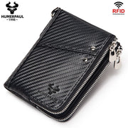 men's genuine leather wallet, RFID blocking wallet, double zipper coin purse, multiple card slots wallet, men's accessory, Australian wallet, leather coin purse, secure wallet men - Carbon -fiber black - Size M
