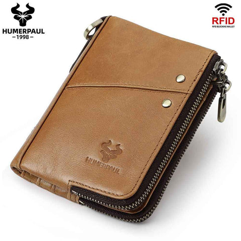 men's genuine leather wallet, RFID blocking wallet, double zipper coin purse, multiple card slots wallet, men's accessory, Australian wallet, leather coin purse, secure wallet men - Light Brown - Size M In Australia - Darrahopens