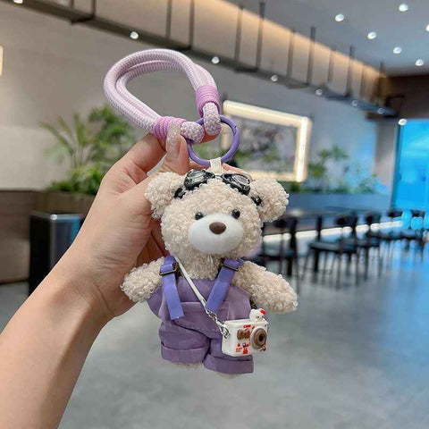 cute teddy bear keychain, plush teddy bear, teddy bear with goggles, teddy bear overalls, fashion keychain, bag charm, cute accessories - Purple - Size 1 In Australia - Darrahopens