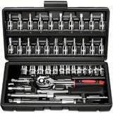 Basic automotive repair manual tool set, including a set of mechanical tools, including ratchet handle, extension pole, universal joint, slider, SAE and metric sockets, hex wrench, and plastic toolbox, excluding batteries. Uncharged manual tool set