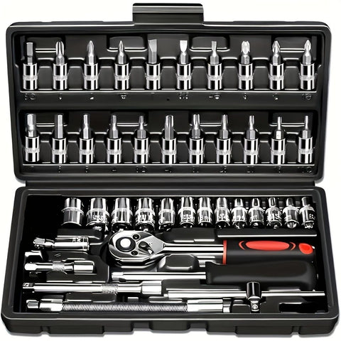 Basic automotive repair manual tool set, including a set of mechanical tools, including ratchet handle, extension pole, universal joint, slider, SAE and metric sockets, hex wrench, and plastic toolbox, excluding batteries. Uncharged manual tool set