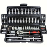Basic automotive repair manual tool set, including a set of mechanical tools, including ratchet handle, extension pole, universal joint, slider, SAE and metric sockets, hex wrench, and plastic toolbox, excluding batteries. Uncharged manual tool set
