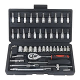 Basic automotive repair manual tool set, including a set of mechanical tools, including ratchet handle, extension pole, universal joint, slider, SAE and metric sockets, hex wrench, and plastic toolbox, excluding batteries. Uncharged manual tool set