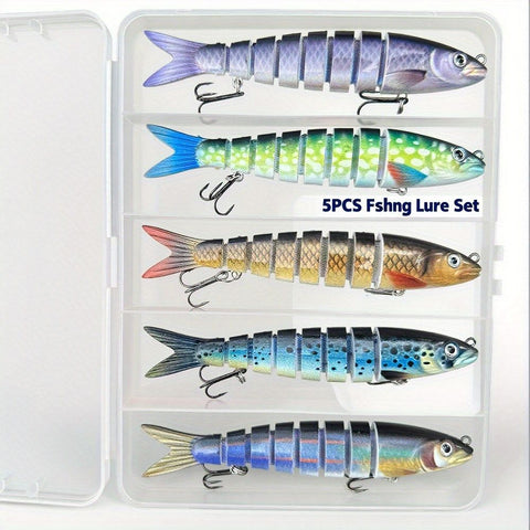 QQNAL5PCS Lure Beginner Set - 7-section sink bait suitable for both fresh and saltwater, stylish swimming style, long-distance casting without breaking the line, comes with a waterproof box, catch all species of bass, trout, and pike in one net.