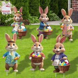 Darrahopens Home & Garden > Decor > Garden Ornaments 2DFlat, 8pcs Easter Gentleman Rabbit Group Decoration, exquisite shape holding egg basket / carrot rabbit, fashionable dress design outdoor waterproof easy to install props, spring courtyard atmosphere Gentleman Rabbit Group Plaque Decoration
