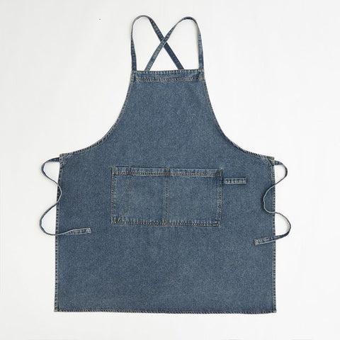 denim apron, kitchen apron, Japanese-style apron, work apron, unisex apron, apron with pockets, barista apron, cooking apron, men's denim apron, women's denim apron - Navy - Size M