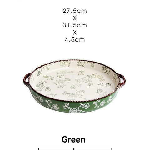 ceramic serving plate, double handled baking dish, pizza pan, cherry blossom pattern, underglaze color, home kitchenware, oven safe dish, baking tray, serving platter, Australian kitchen - Green - Size 10.8inch In Australia - Darrahopens