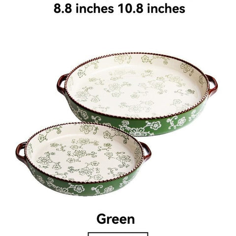 ceramic serving plate, double handled baking dish, pizza pan, cherry blossom pattern, underglaze color, home kitchenware, oven safe dish, baking tray, serving platter, Australian kitchen - Green - Size SET In Australia - Darrahopens