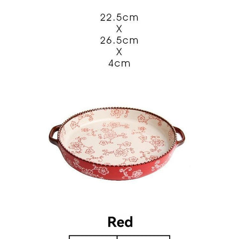 ceramic serving plate, double handled baking dish, pizza pan, cherry blossom pattern, underglaze color, home kitchenware, oven safe dish, baking tray, serving platter, Australian kitchen - Red - Size 8.8inch In Australia - Darrahopens