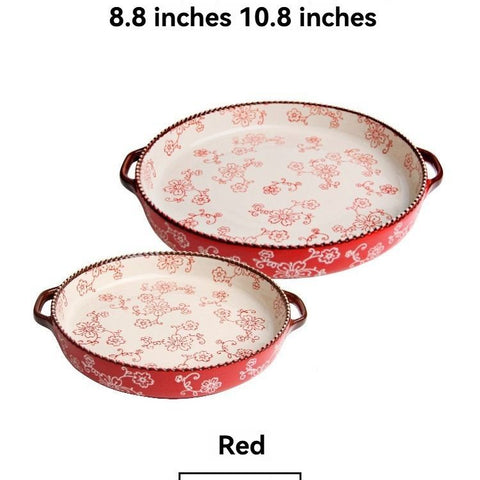 ceramic serving plate, double handled baking dish, pizza pan, cherry blossom pattern, underglaze color, home kitchenware, oven safe dish, baking tray, serving platter, Australian kitchen - Red - Size SET In Australia - Darrahopens
