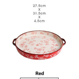 ceramic serving plate, double handled baking dish, pizza pan, cherry blossom pattern, underglaze color, home kitchenware, oven safe dish, baking tray, serving platter, Australian kitchen - Red - Size SET In Australia - Darrahopens
