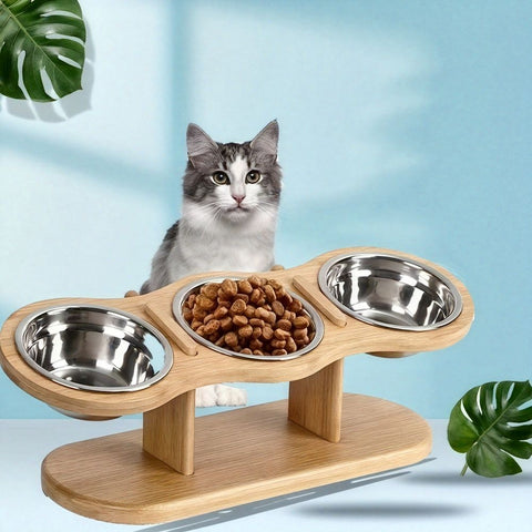 Cat Feeder Elevated Cat Feeder Three Bowl Cat Feeder Stainless Steel Cat Bowls - Wood color - Size 01