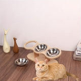 Cat Feeder Elevated Cat Feeder Three Bowl Cat Feeder Stainless Steel Cat Bowls - Wood color - Size 01