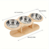 Cat Feeder Elevated Cat Feeder Three Bowl Cat Feeder Stainless Steel Cat Bowls - Wood color - Size 01