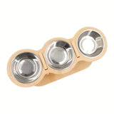 Cat Feeder Elevated Cat Feeder Three Bowl Cat Feeder Stainless Steel Cat Bowls - Wood color - Size 01