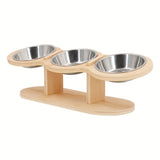 Cat Feeder Elevated Cat Feeder Three Bowl Cat Feeder Stainless Steel Cat Bowls - Wood color - Size 01