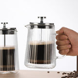 French Press Coffee Maker Double-Layer Glass Coffee Maker Ribbed Coffee Maker - Clear - Size 650ML
